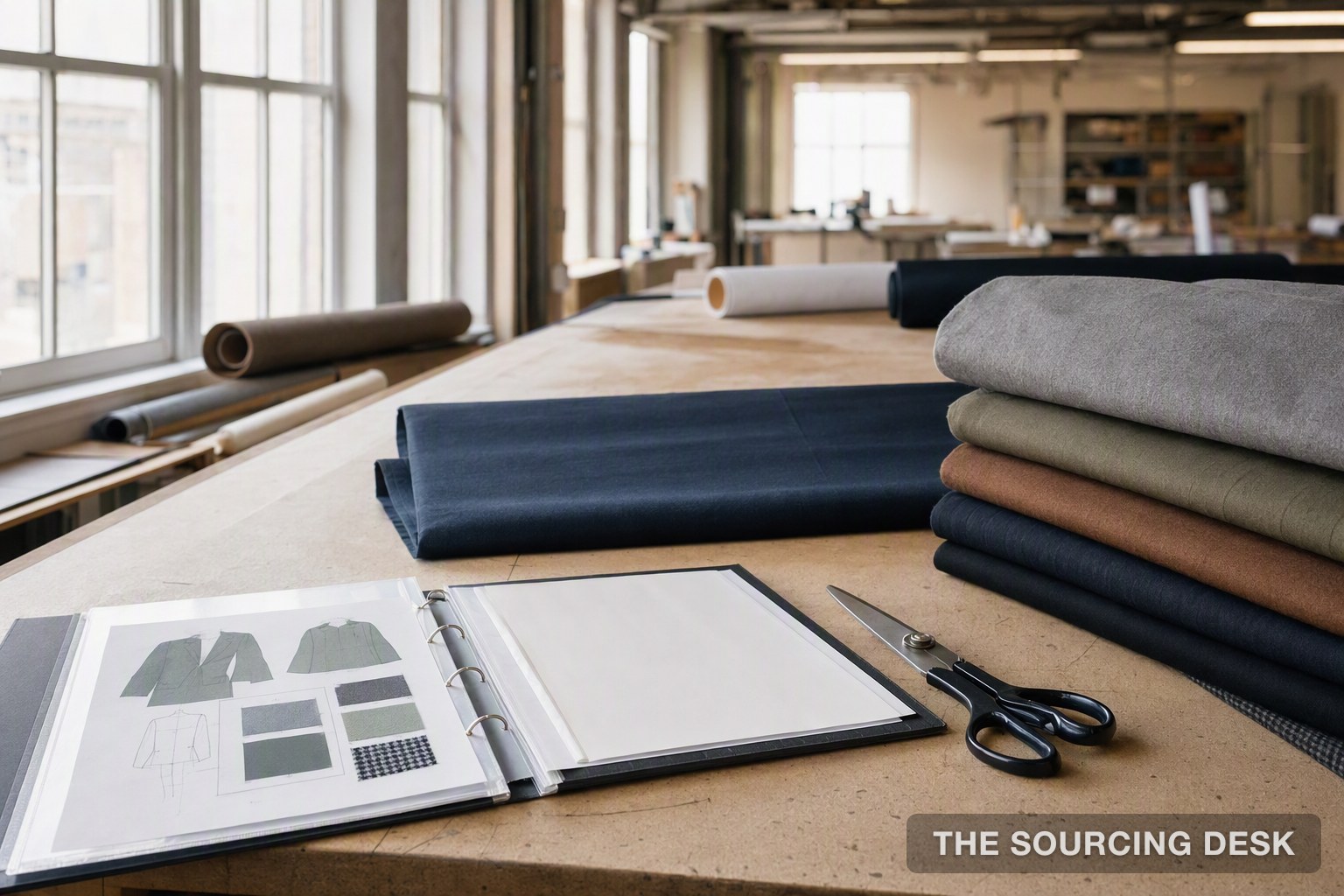A garment factory cutting table with fabric rolls and a tech pack binder